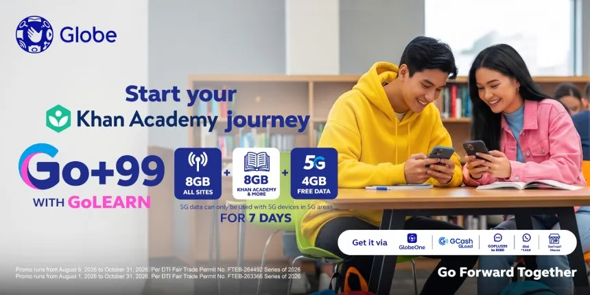 Globe Go+99 with GoLEARN promo showing two students using a smartphone to access Khan Academy